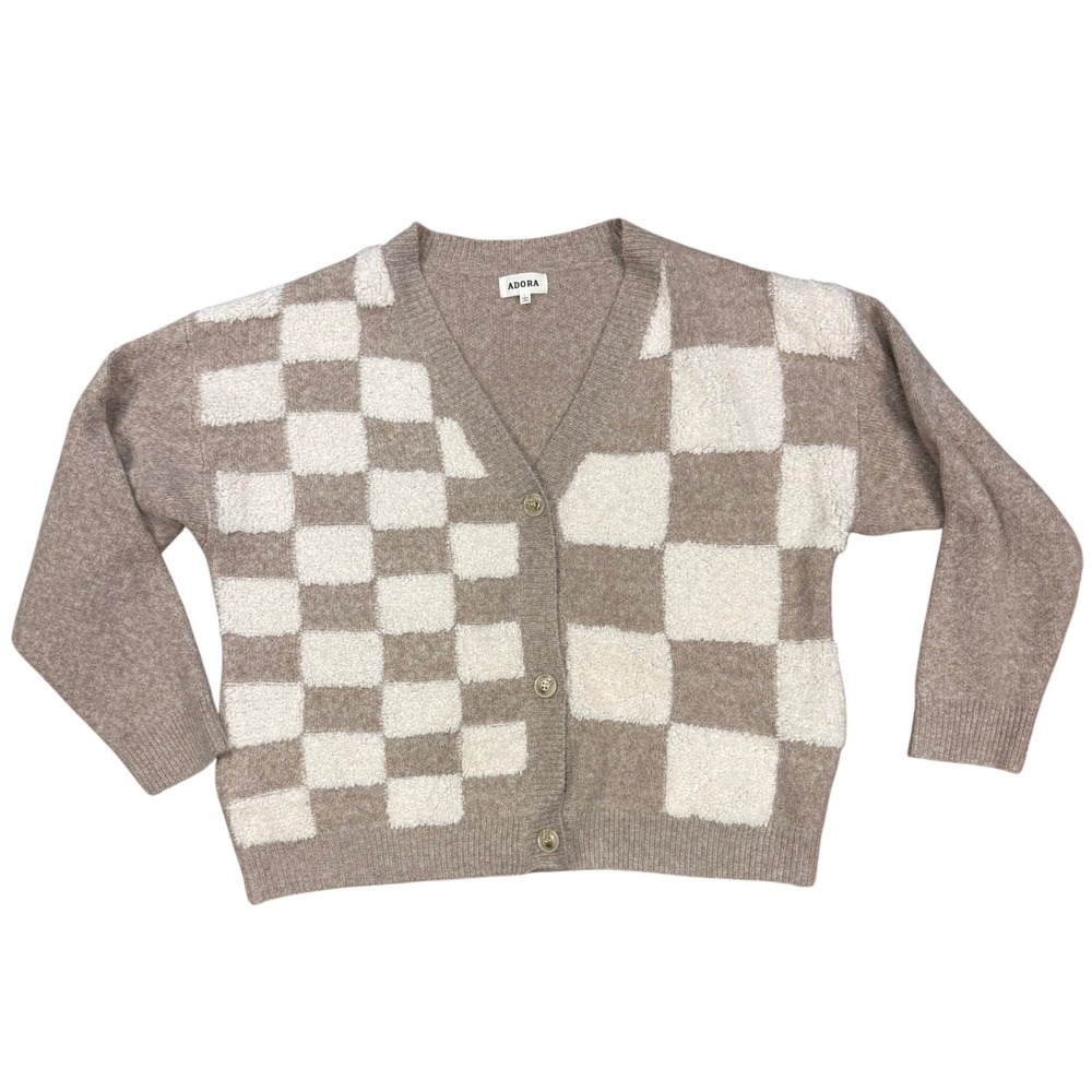 ADORA Checkerboard Fuzzy Knit Cardigan Sweater Beige Cream Women's Size L‎